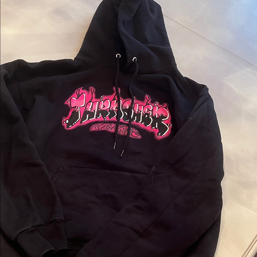 Thrasher Black Hoodie with Pink Logo